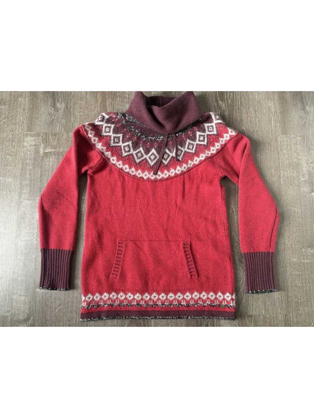 Eddie Bauer Women's Red Fair Isle Cowl Neck Sweater Cotton Wool Blend, Large